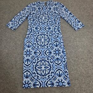 J.McLaughlin Blue White Geometric Tile Sheath Dress XS 3/4 Sleeve Crew Neck
